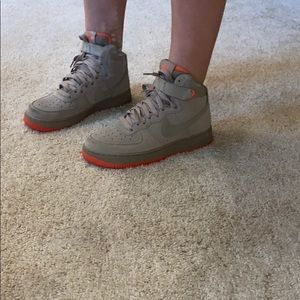 Air Force 1S high top- nude with neon coral accent